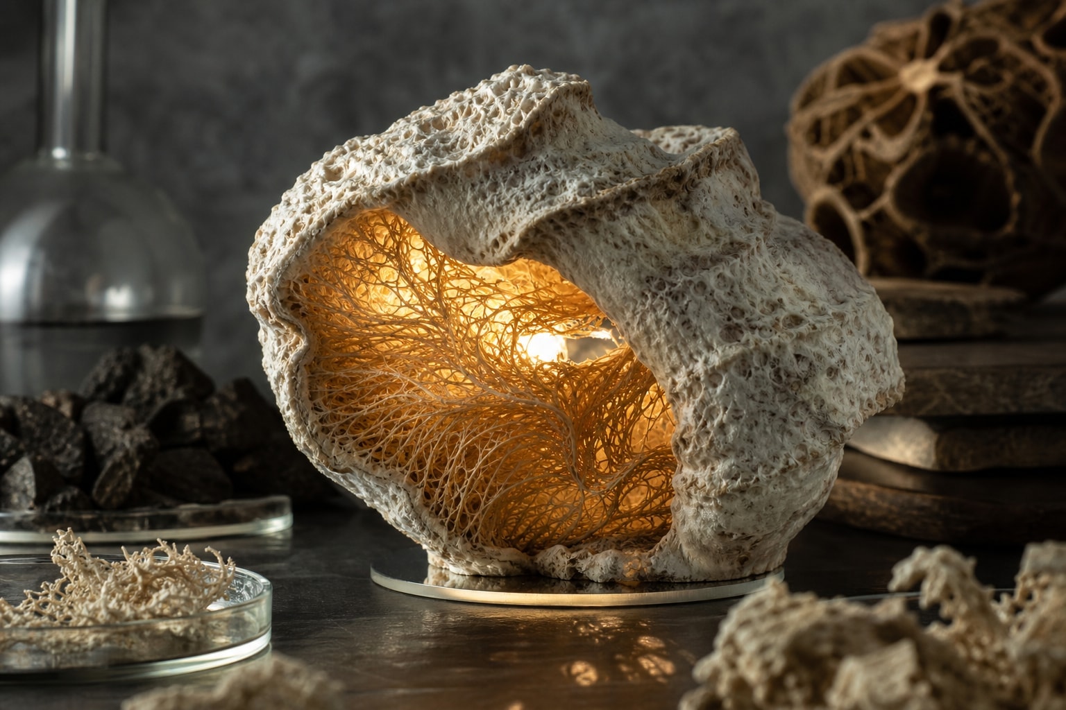 The Gourdo Lamp Combines Mycelium and Luffa for Organic Lighting