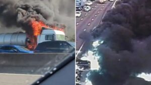 M1 Tanker Blast Sparks Epic Traffic Jam 😱🔥 Drivers Stranded in Chaos!